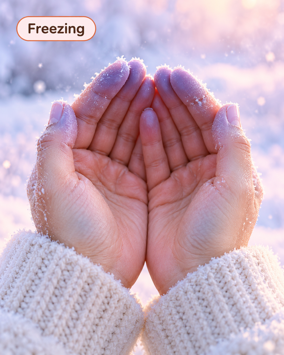 Cold hands tucked into sweater sleeves on a winter day
