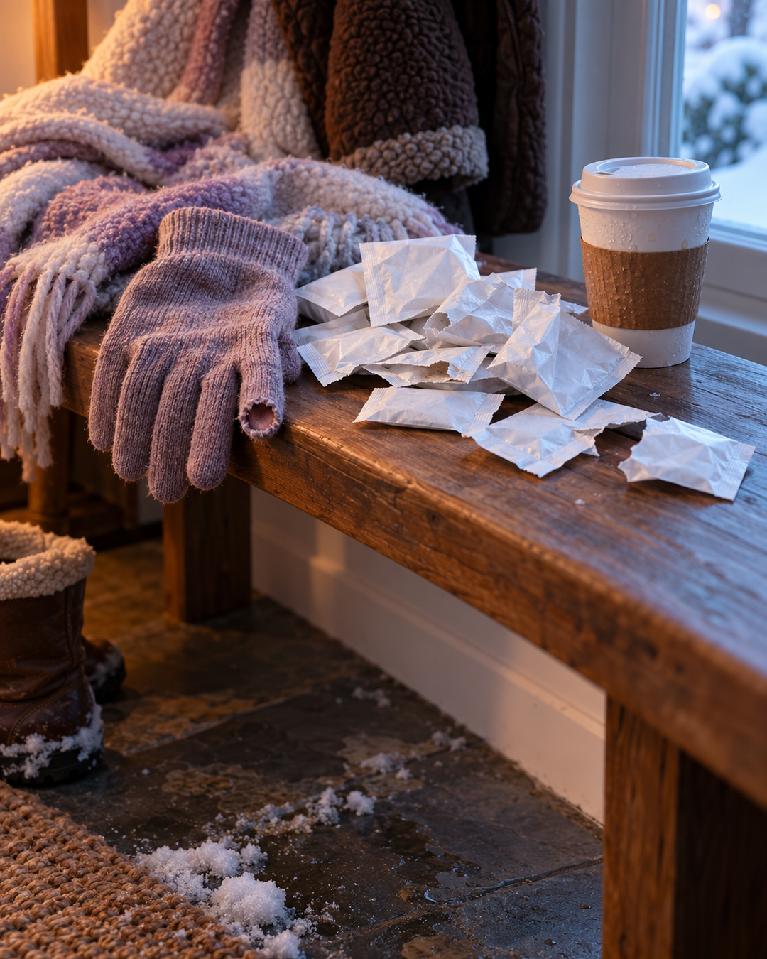 Pile of used shake hand warmer packets next to one lost glove