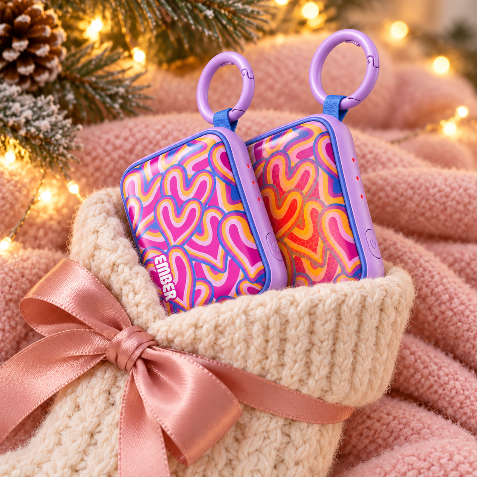 Two patterned Ember hand warmers with clip rings