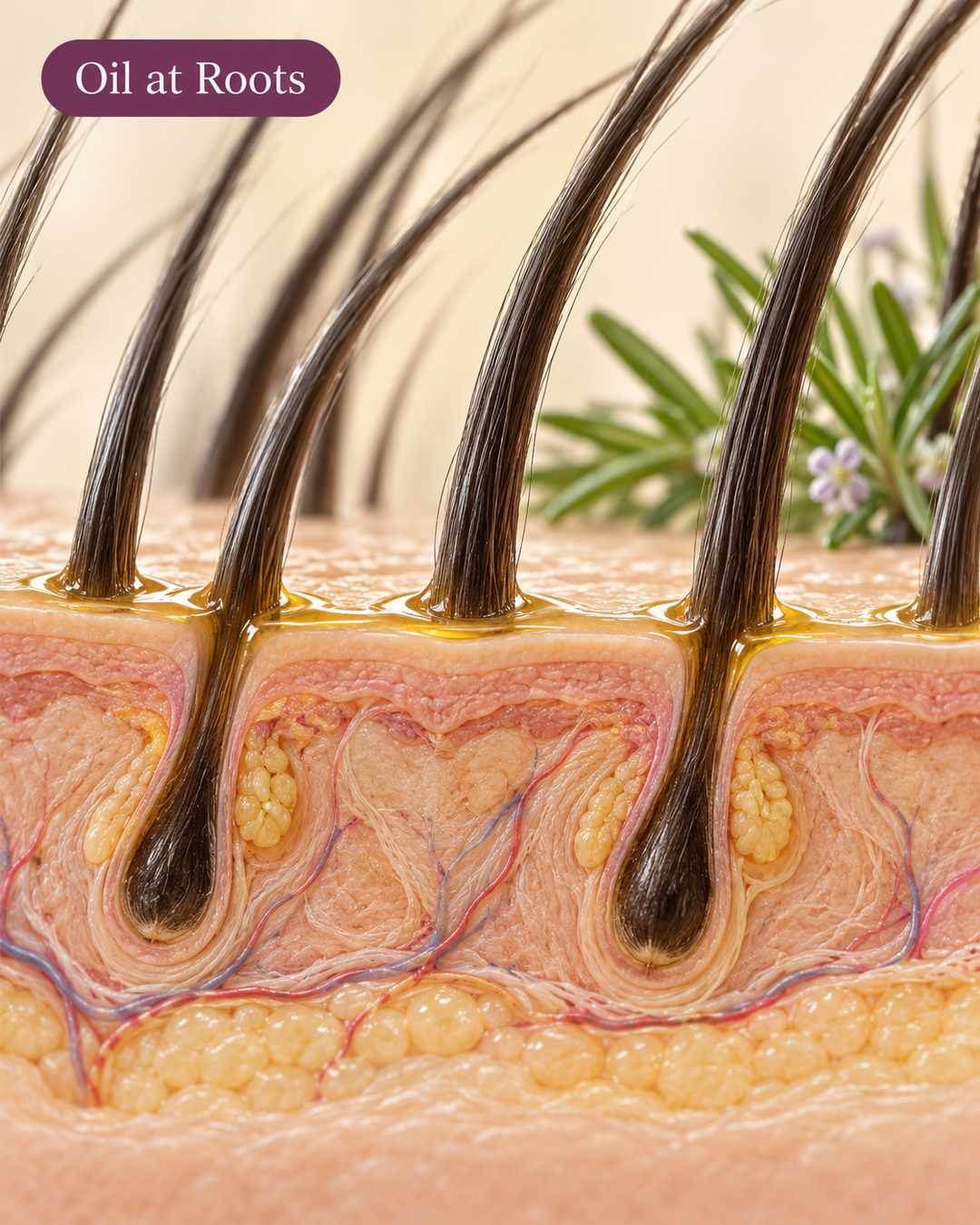Oil laid evenly along the scalp at the roots