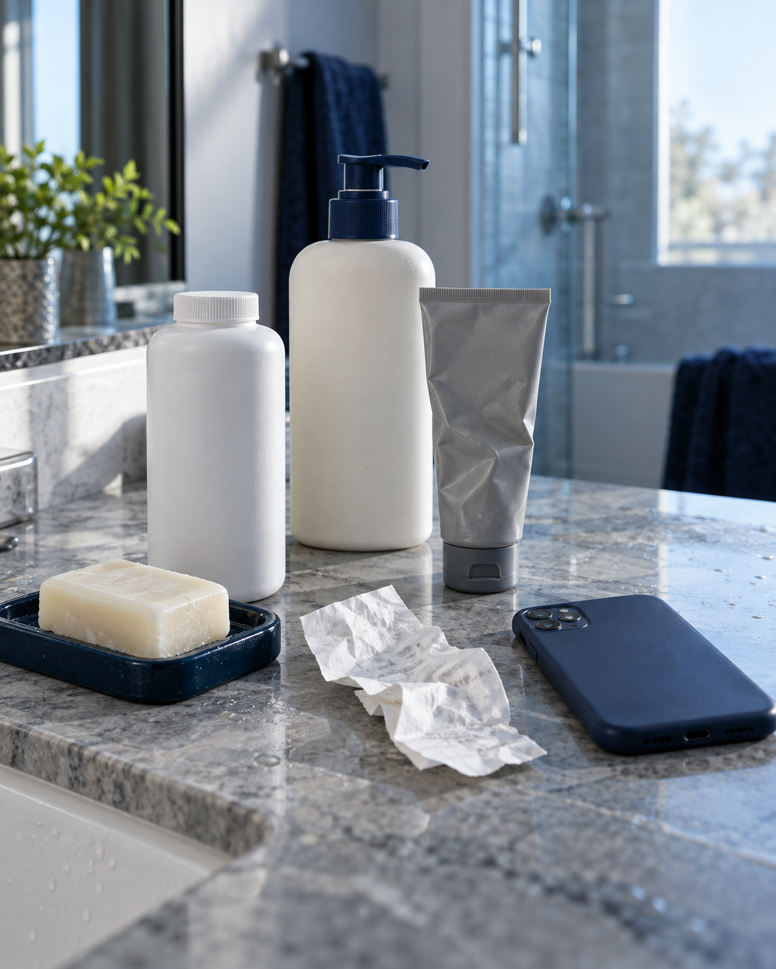 Bathroom shelf with unbranded soap, body lotion and foot cream