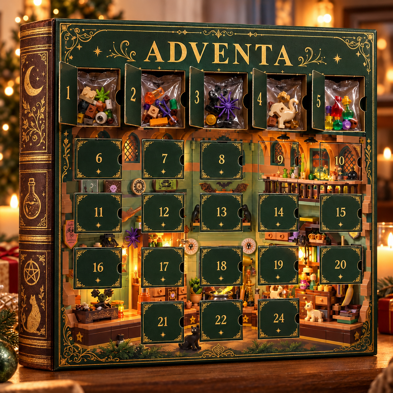 Advent box with the first numbered doors open and small bags of bricks inside