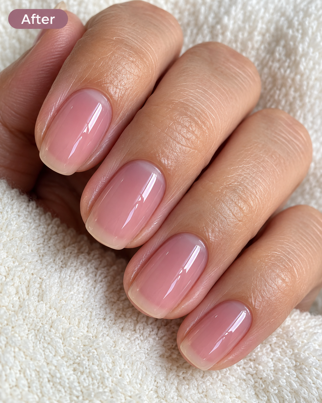 Smooth, glossy natural nails with a sheer mauve tint