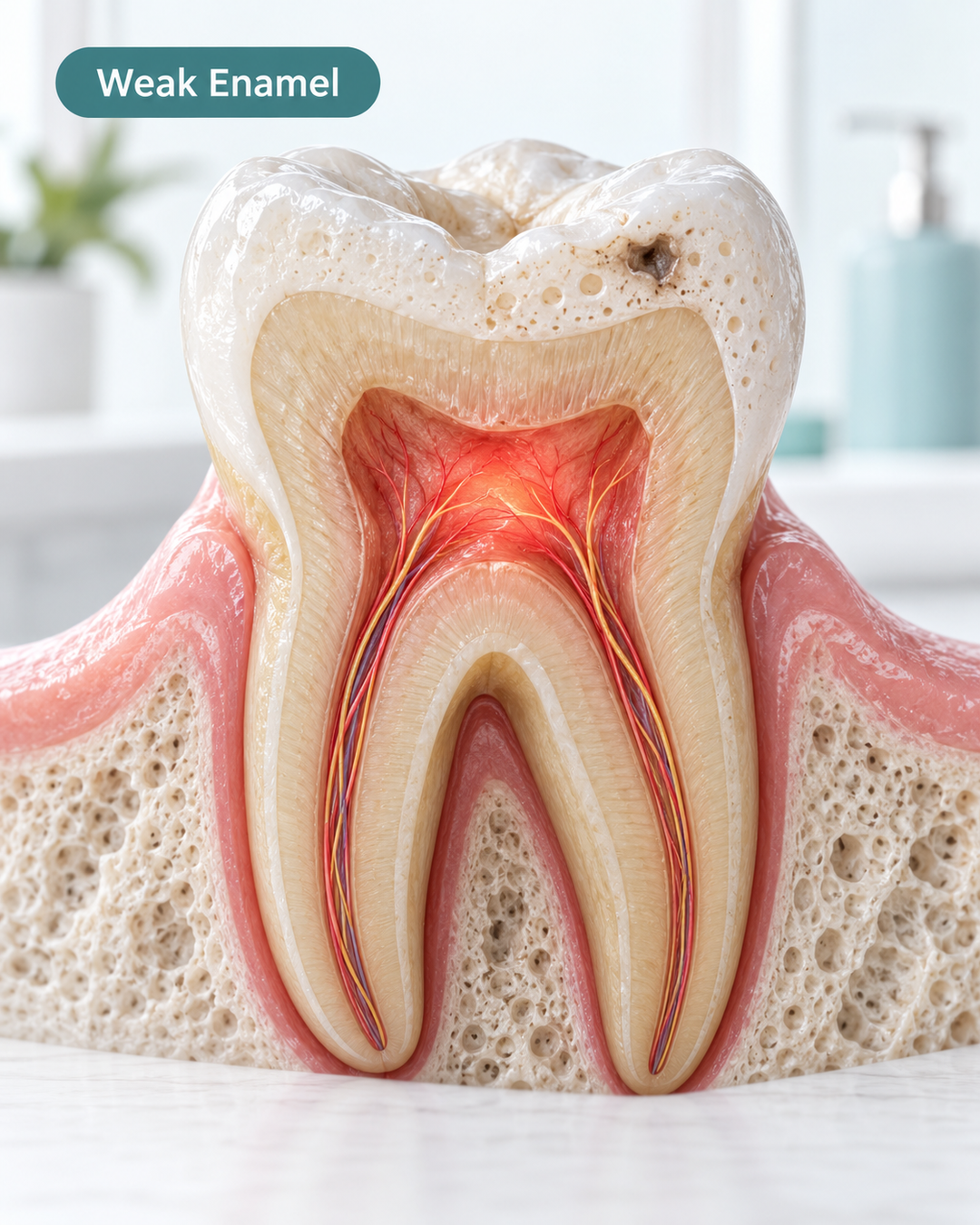 Illustration of a tooth with thin, worn enamel and an early cavity