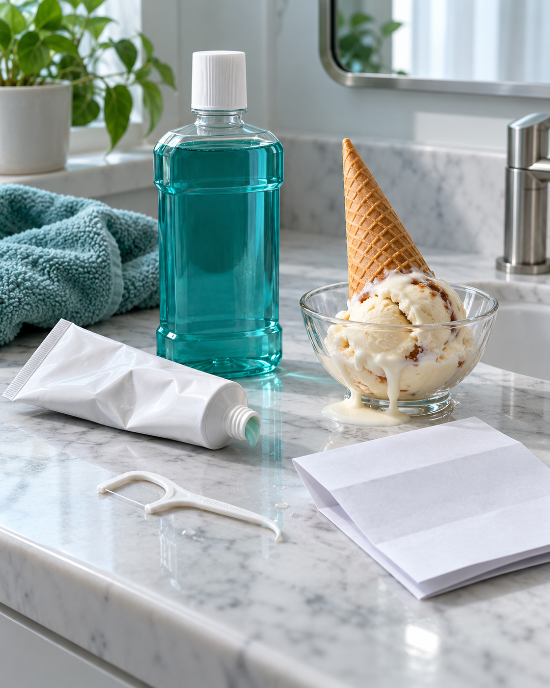 Bathroom counter with unbranded sensitivity toothpaste, mouthwash and floss