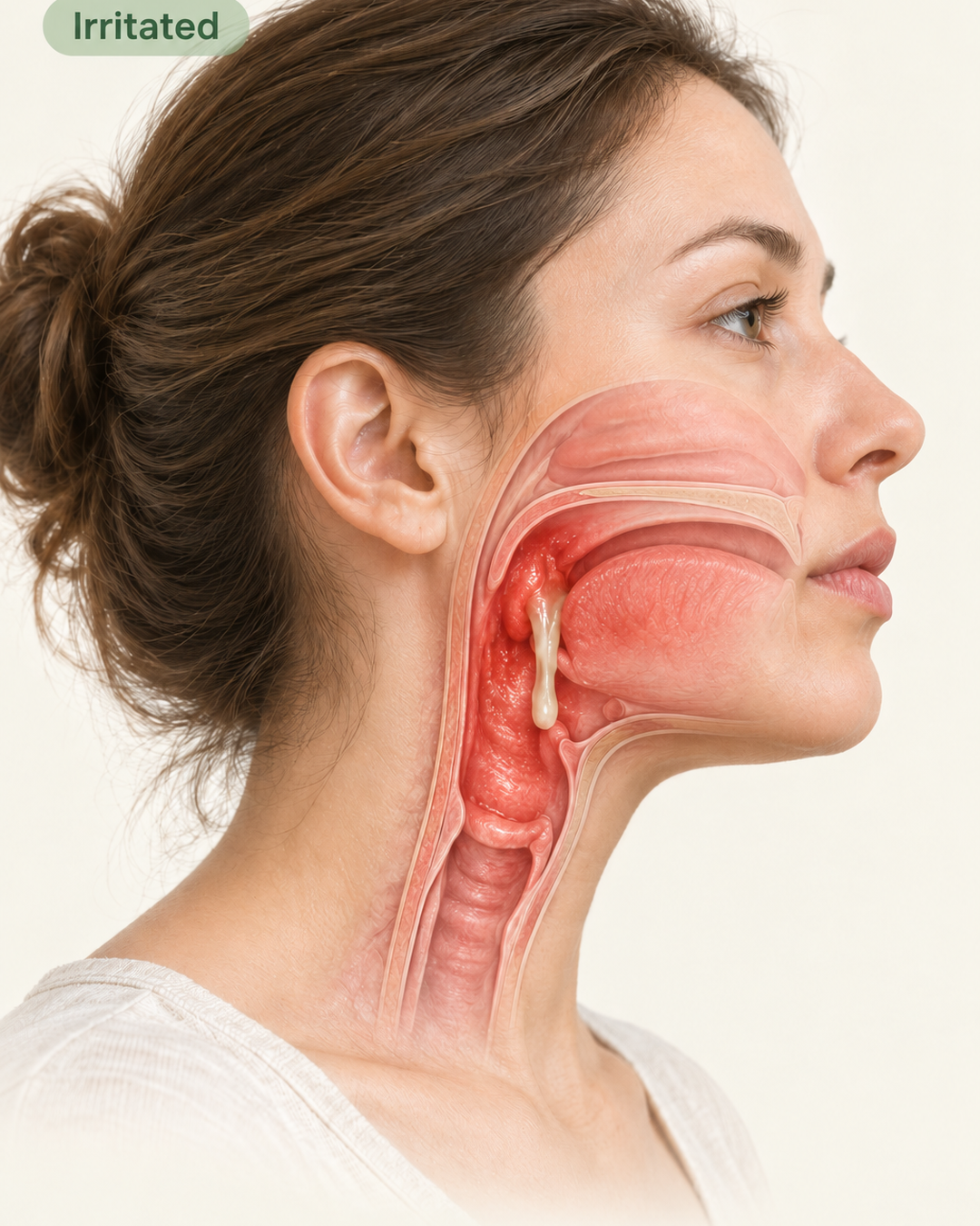 Illustration of a dry, irritated throat with thick mucus