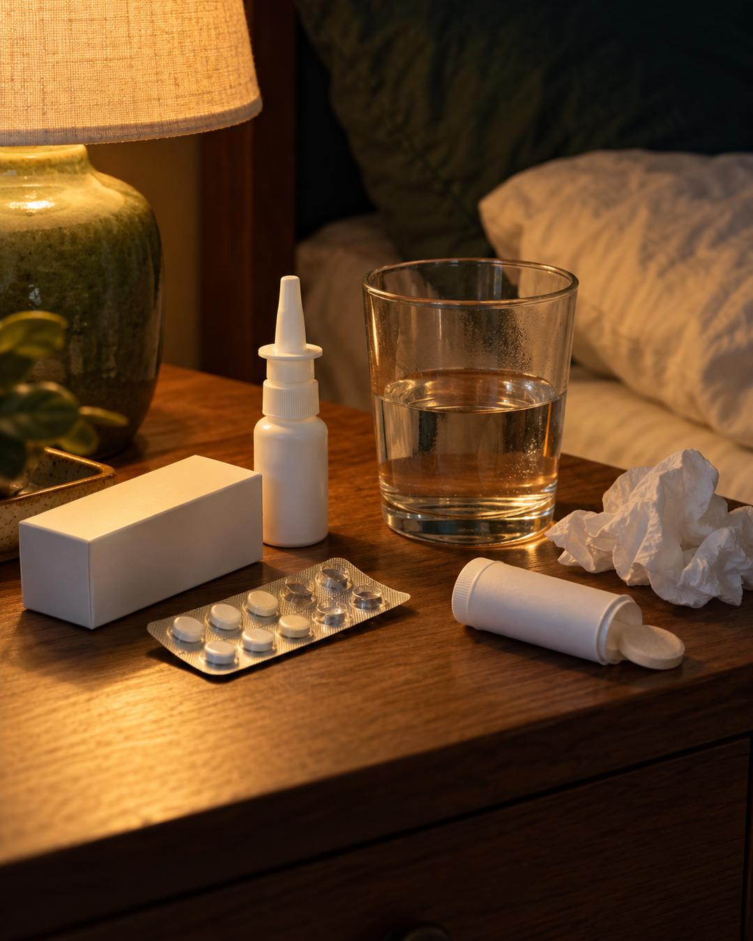 Nightstand with unbranded allergy pills, nasal spray and tablets