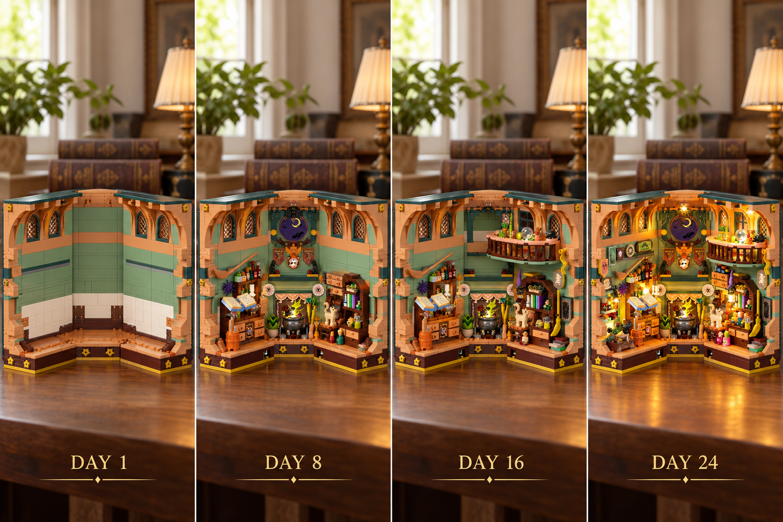The book nook growing from a few bricks to a finished, glowing scene