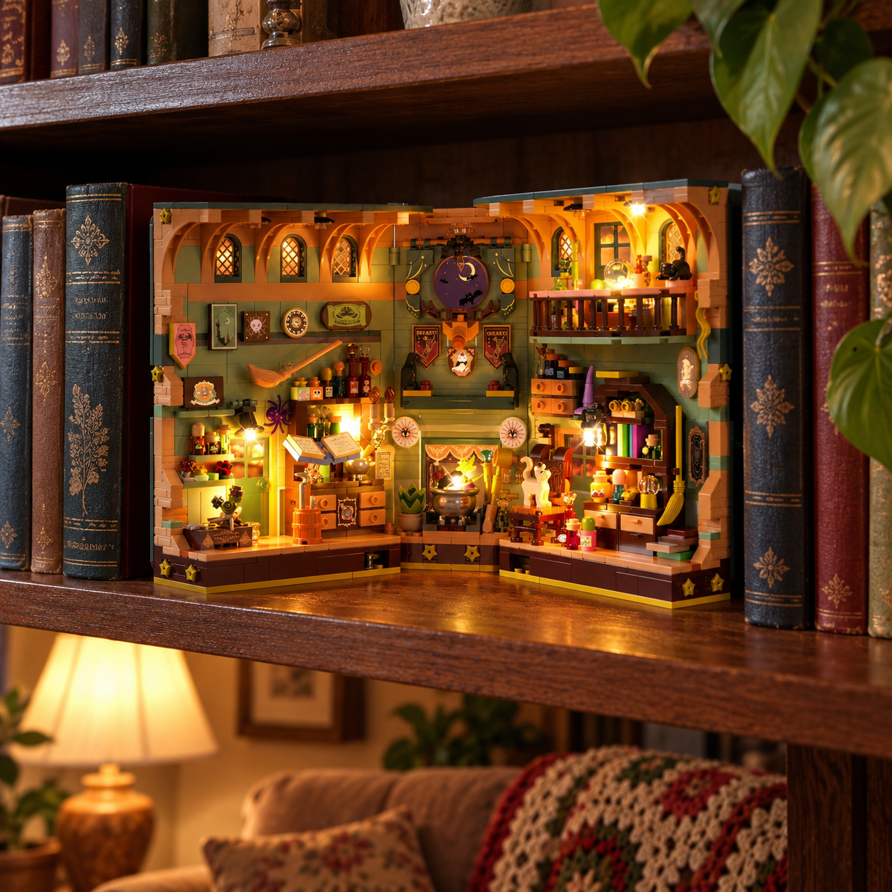 Finished nook glowing on bookshelf