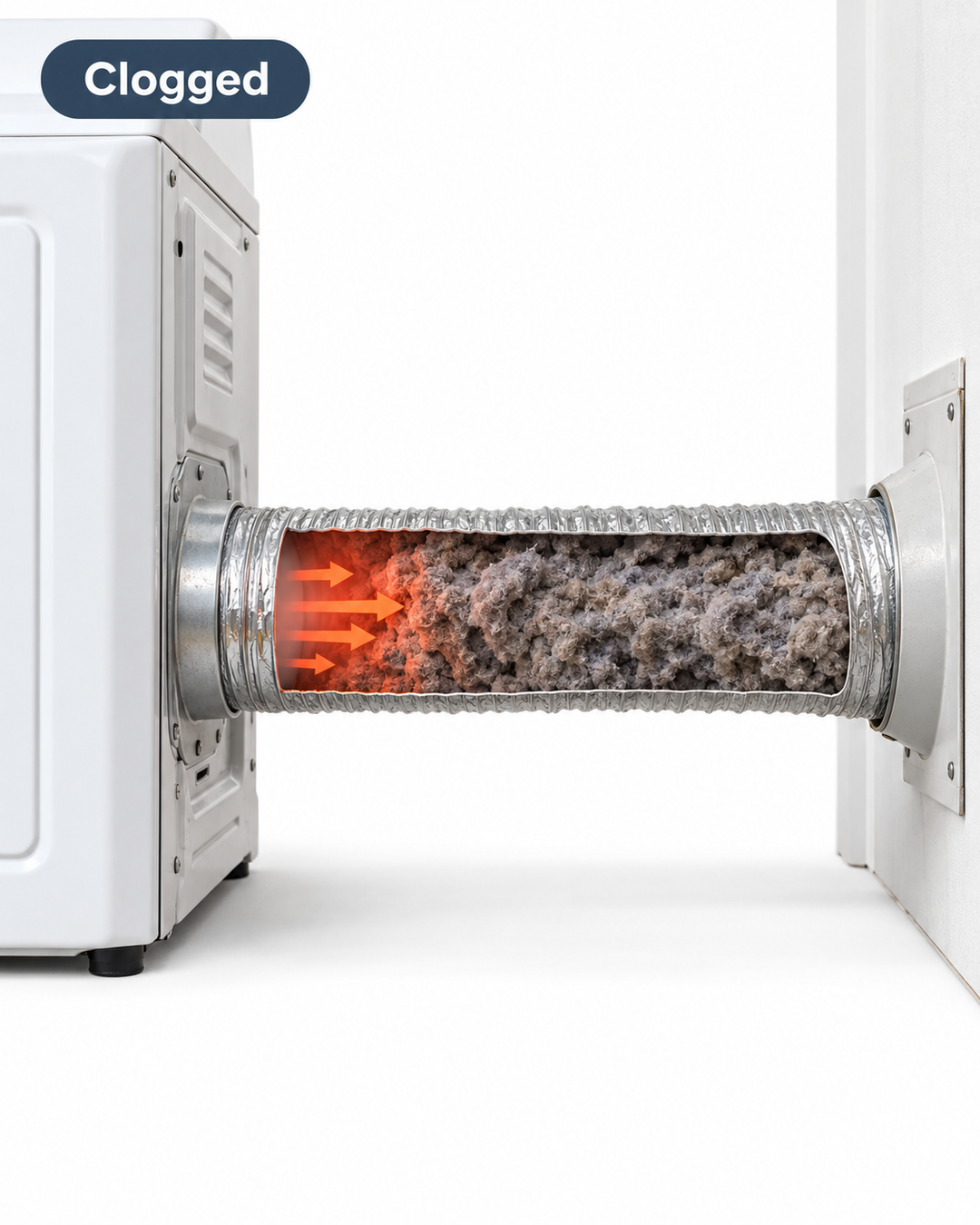 Dryer vent packed with thick gray lint