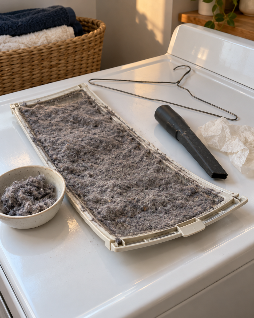 Lint screen and a pile of gray lint on top of a dryer
