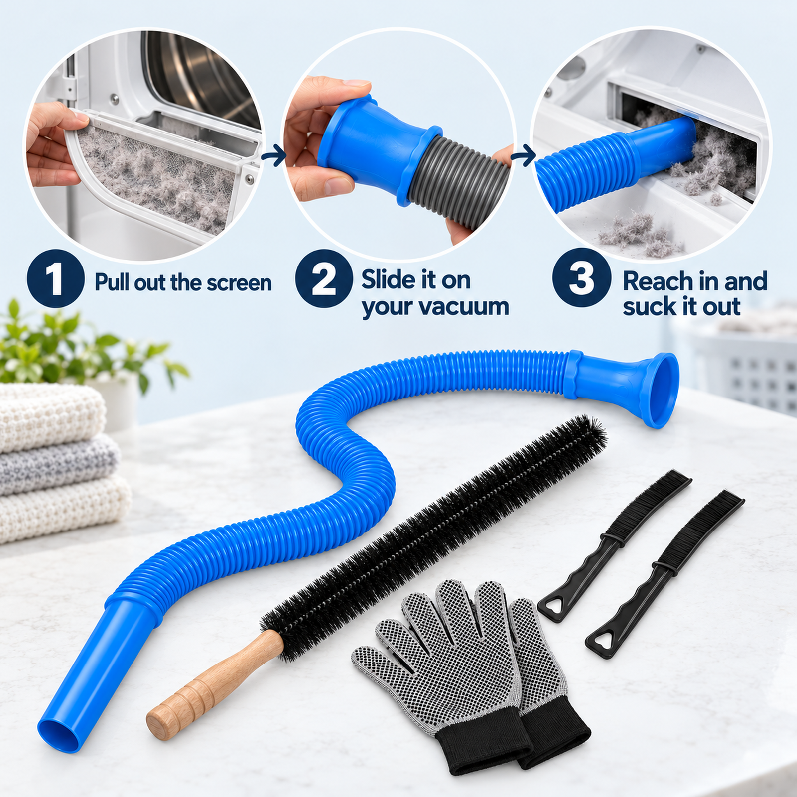 Blue hose on a vacuum, slid into a dryer lint trap slot